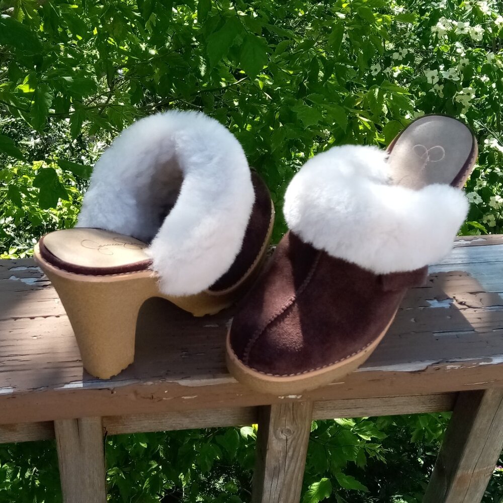 Jessica Simpson Brown and White Fur Mules